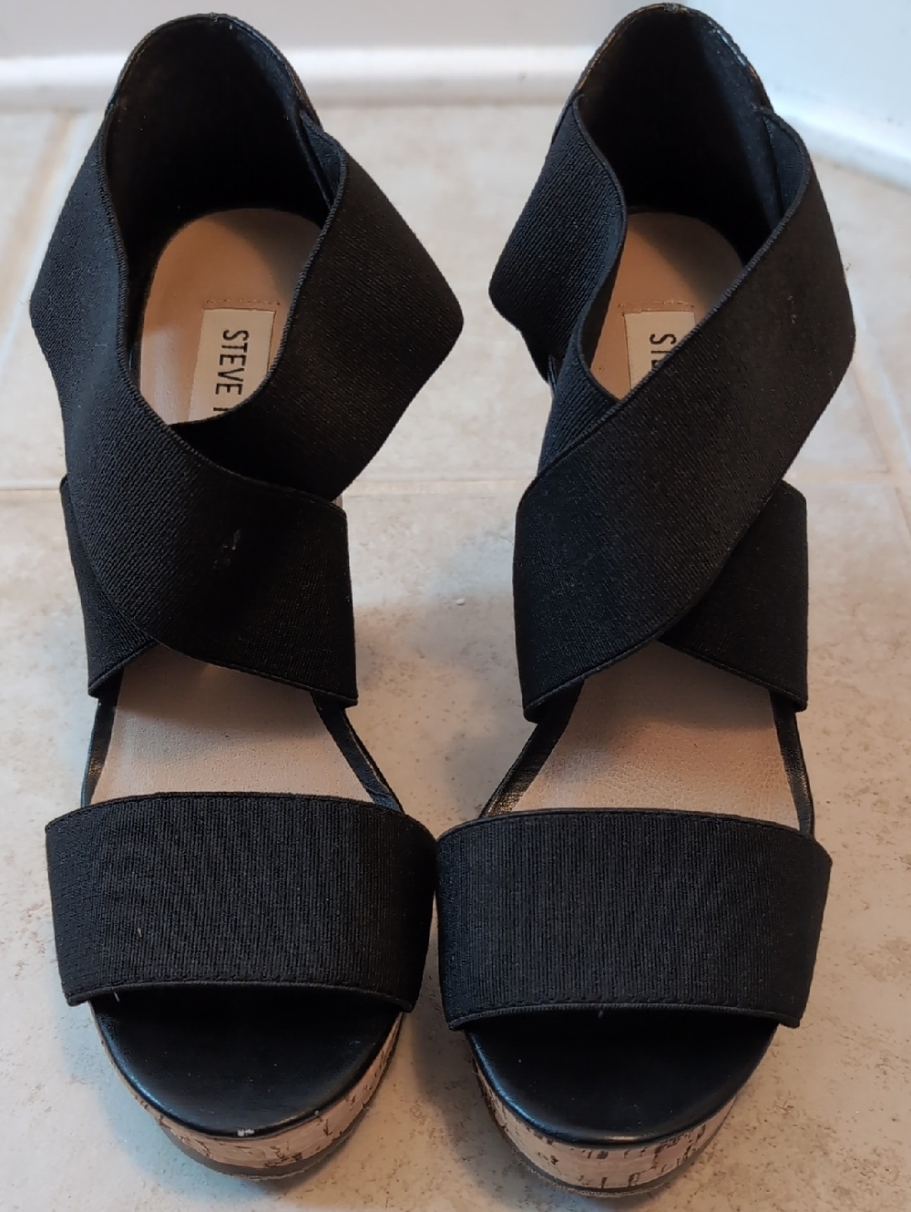 Steve Madden Black Elastic Crossover Cork Wedge Sandals